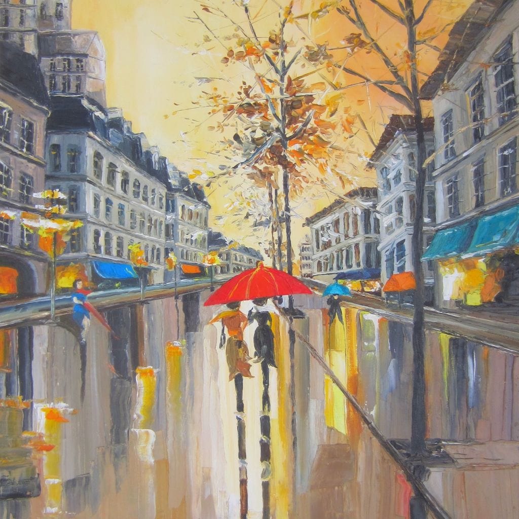 Tablou Canvas Premium LuxCanva® E1029, Toamna Pariziana, Ploaie, Oras, Toamna, Umbrela, Serenitate, Living Room, Culori vibrante