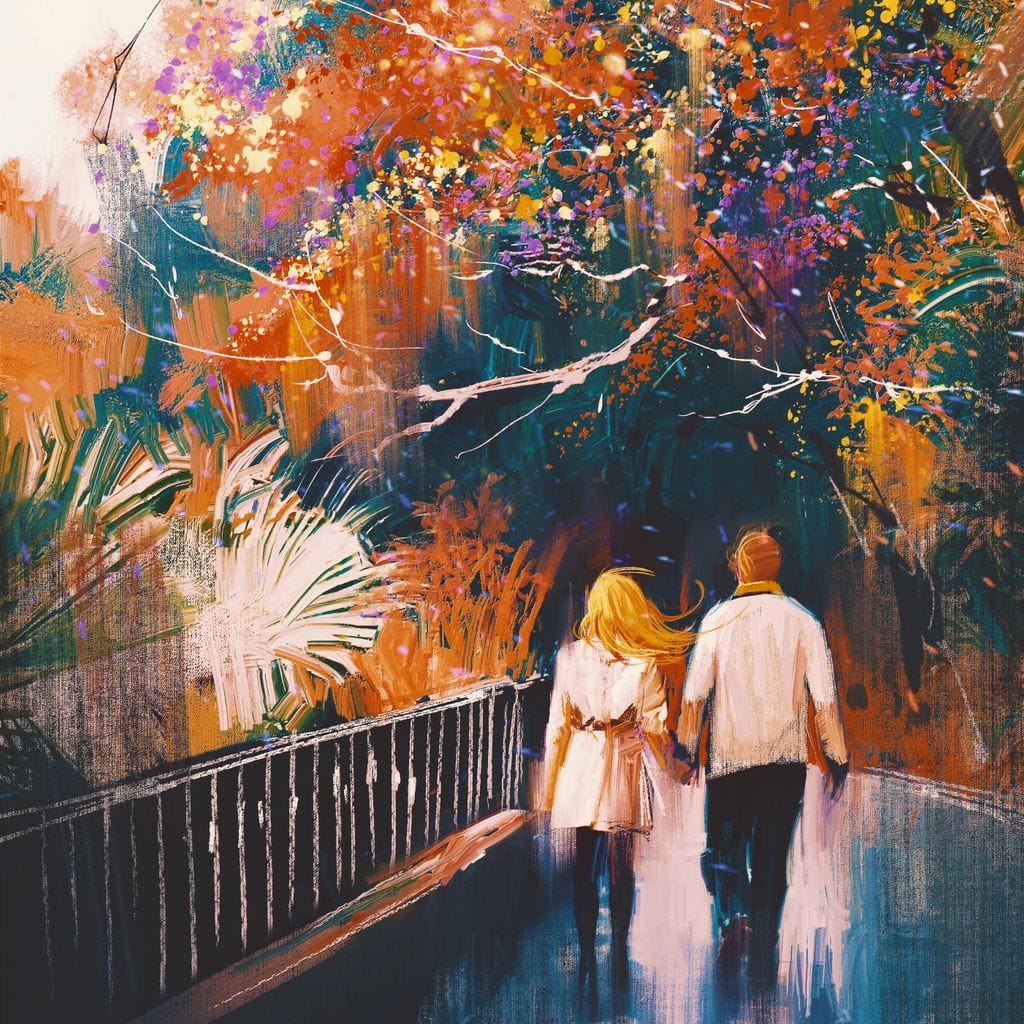 Tablou Canvas Premium LuxCanva® E1034, Tindandu-se de Mana in Parc, Toamna, Ruginiu, Natura, Parc, Cuplu, Living Room, Culori vibrante