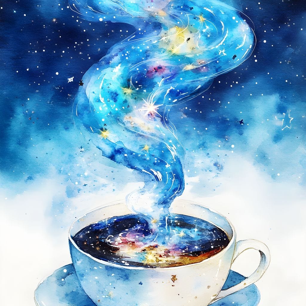 tablou canvas cu o ceasca de cafea alba, cu aburi albastri pe fundal nocturn albastru cu stele aurii