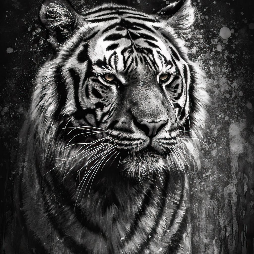 tablou canvas cu un tigru pictat in nuante de alb si negru, pe fundal abstract intunecat