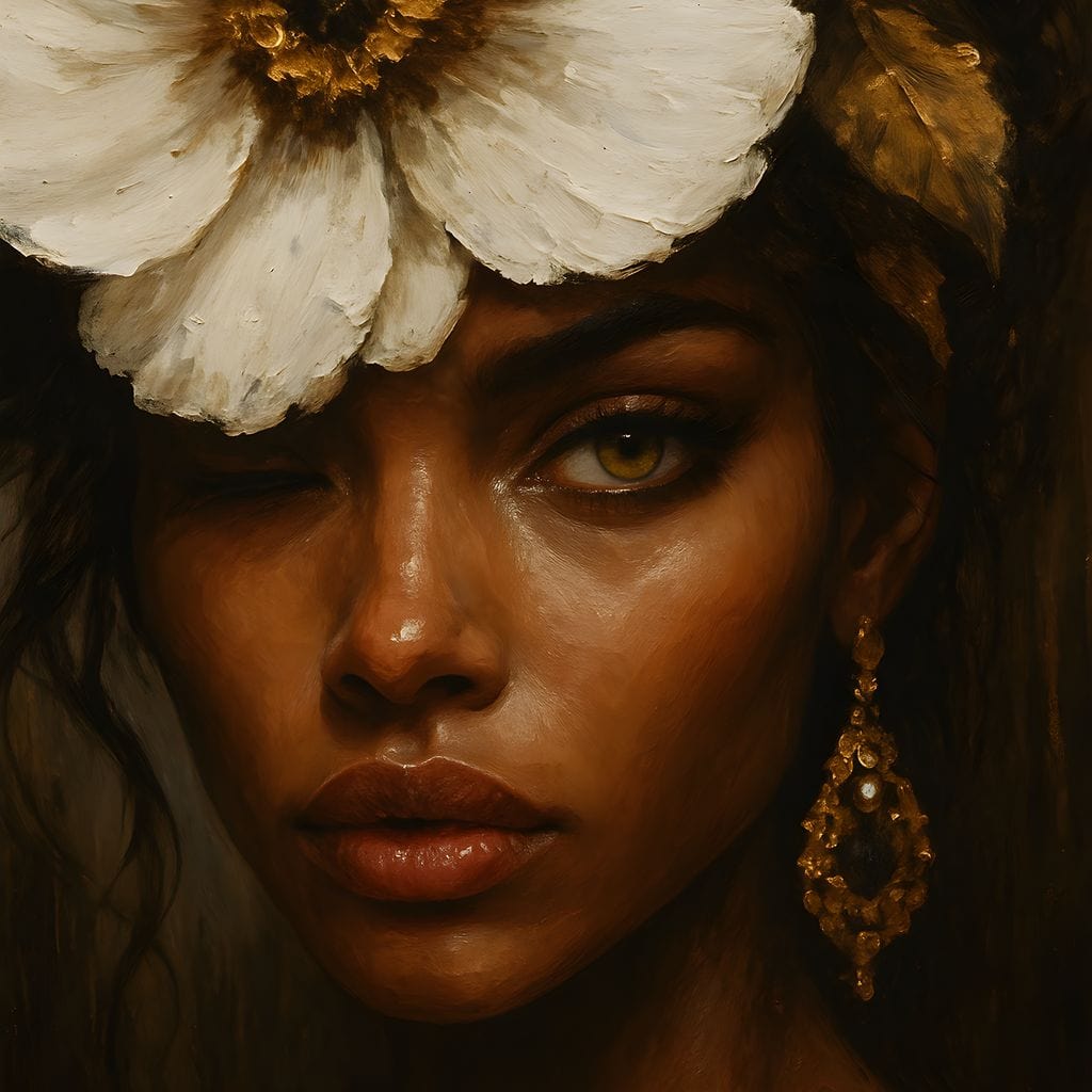 Tablou Canvas Premium, LuxCanva® G1138, Ocrotitoarea Petalelor, Zeita, Gratie, Privire, Magie, Frumusete, Misterioasa, Flori, Noblete, Contrast, Bijuterii, Birou, Living