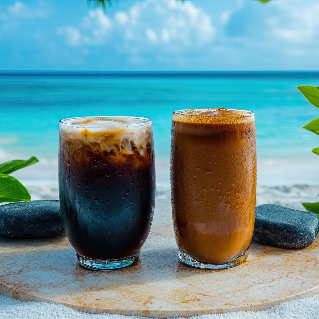 tablou canvas cu doua pahare cu cafea rece, pe fundal exotic de vacanta cu plaja si ocean