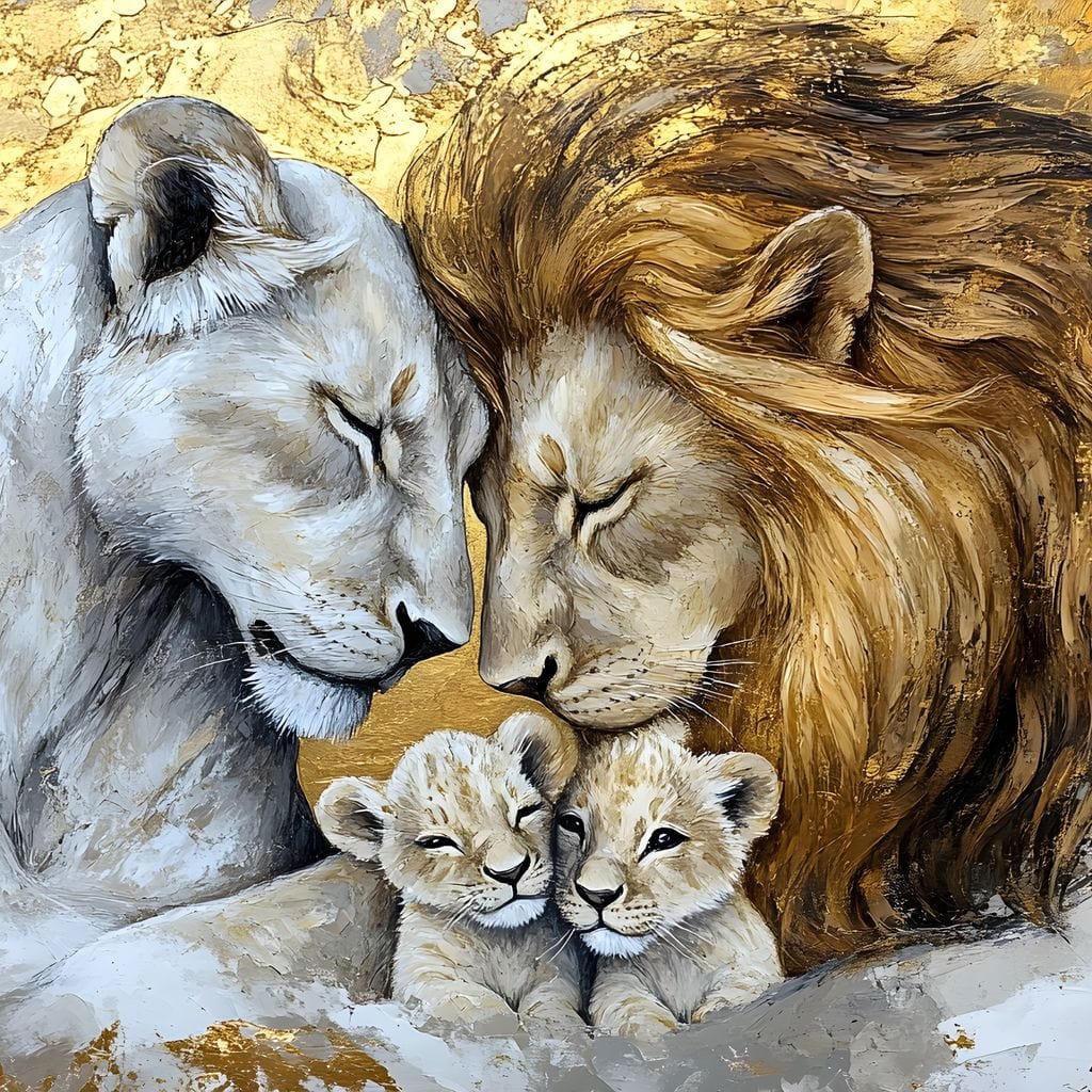 tablou canvas cu o familie de lei, pictati artistic in nuante calde si accente aurii, pe fundal abstract