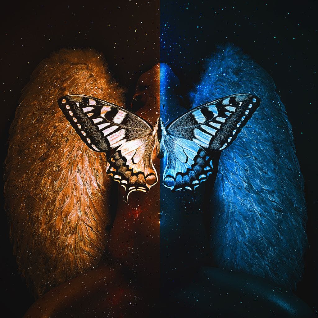 tablou canvas cu un fluture centrat intre o nuanta calda de foc si una rece, pe fundal instelat si angelic