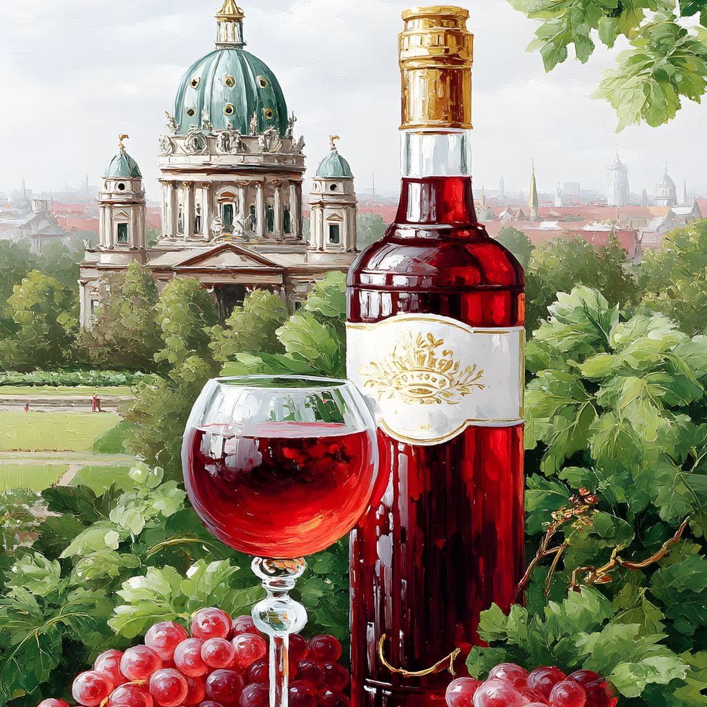 tablou canvas cu o sticla si un pahar de vin rosu, printre struguri si vegetatie, cu o manastire si un cadru urban pe fundal