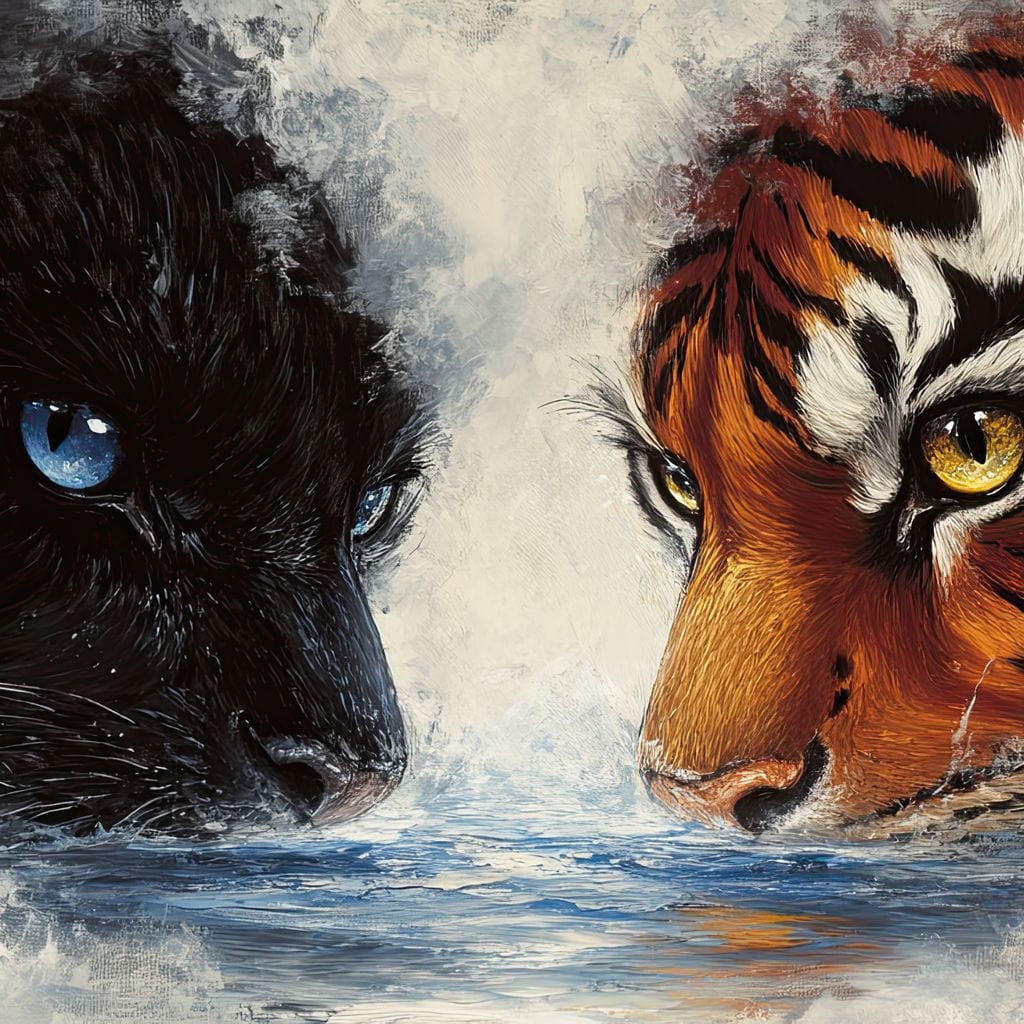 tablou canvas cu un tigru cu ochii galbeni si o pantera neagra cu ochii albastri, intr-o confruntare pe fundal cu apa si valuri