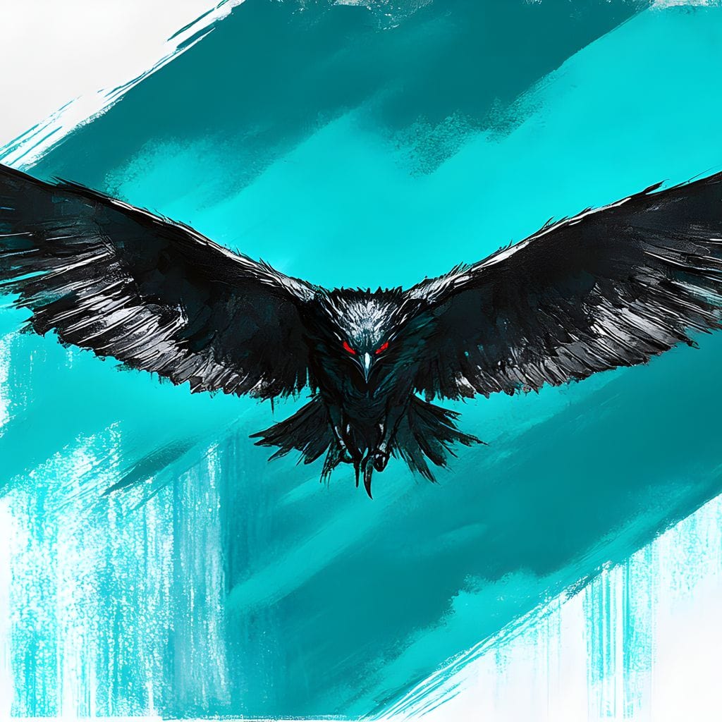 tablou canvas cu un vultur negru in zbor, pe fundal abstract turcoaz si alb