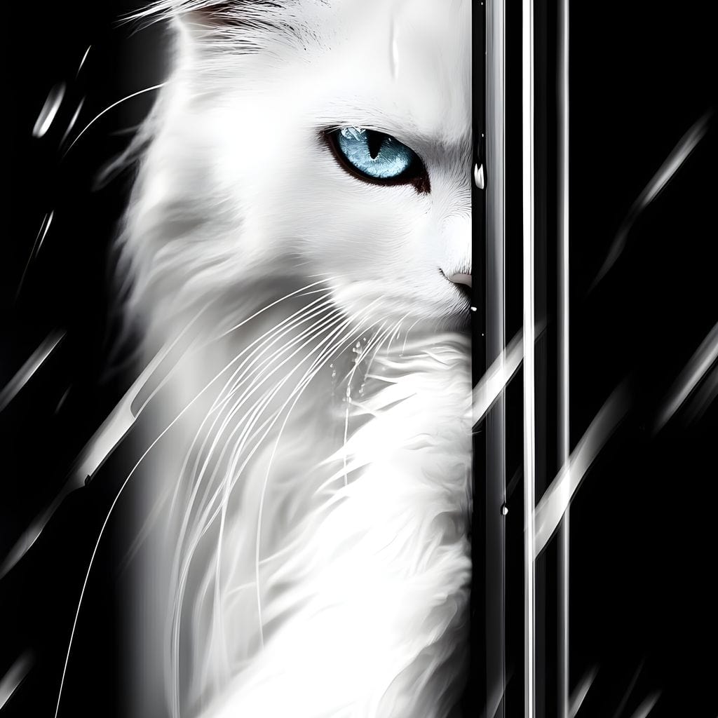 tablou canvas cu o pisica alba cu ochi albastri si privire patrunzatoare, pe fundal negru