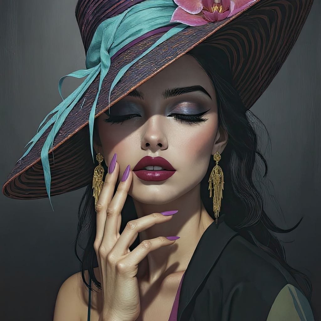 Tablou Canvas Premium, LuxCanva® G1214, Femeia Contemplativa, Lady, Palarie, Eleganta, Floare, Orhidee, Retro, Rafinament, Gratie, Divin, Vis, Privire, Catifea, Zeita, Salon, Birou, Living, Dormitor