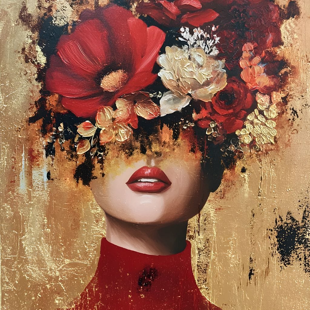 Tablou Canvas Premium, LuxCanva® G1228, Voal din Petale, Gradina, Tacut, Flori, Regina, Eclipsa, Rosu, Trandafir, Aur, Eleganta, Feminitate, Pictura, Texturat, Lux, Modern, Femeie, Salon, Living, Dormitor