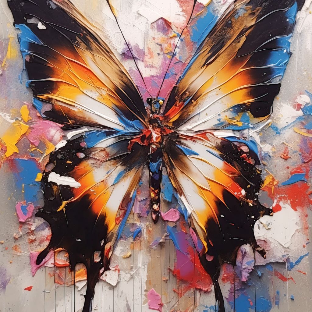 tablou canvas cu un fluture multicolor, pictat expresiv pe fundal abstract cu stropi de culoare vibranta