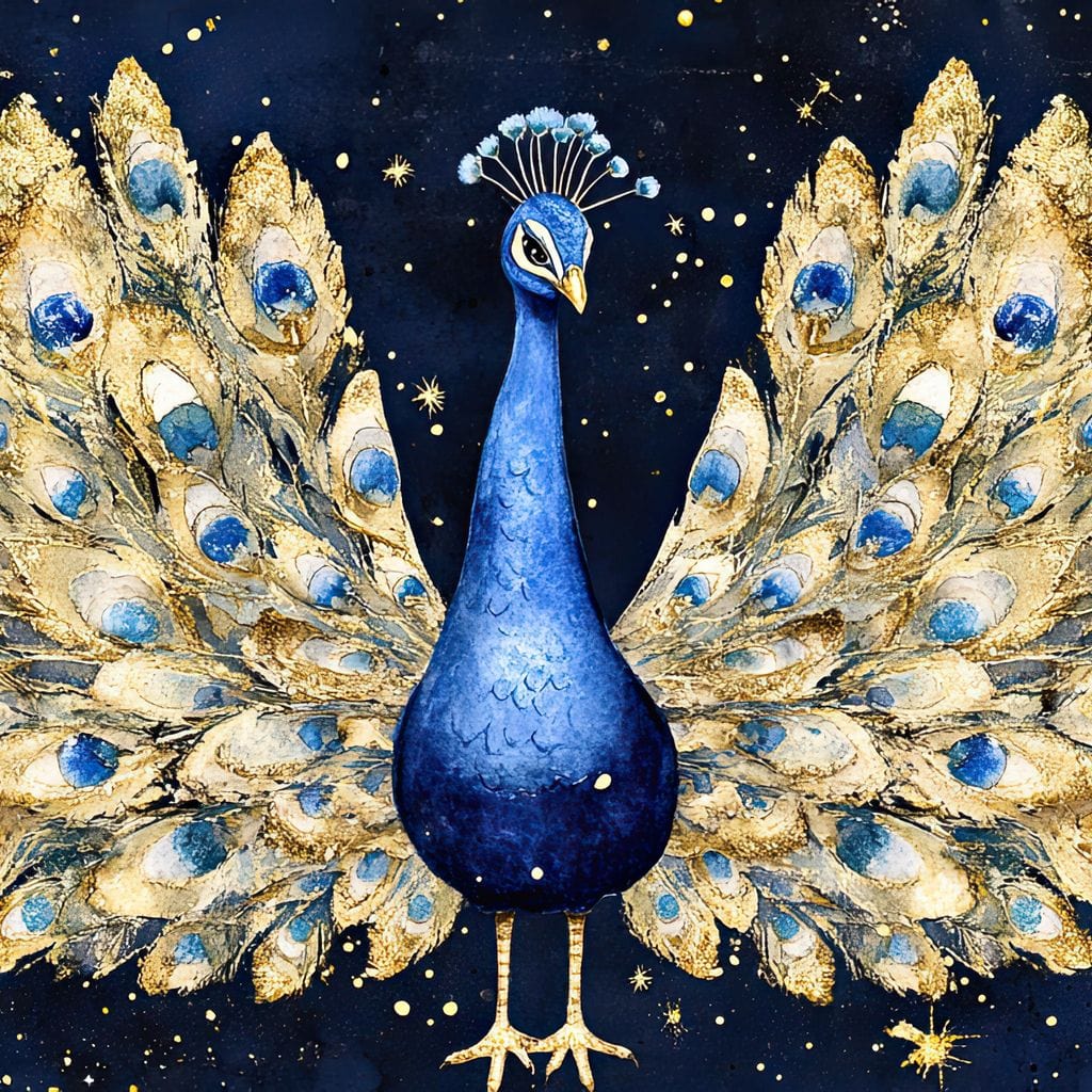 tablou canvas cu un paun elegant cu pene aurii, pe fundal albastru inchis si instelat