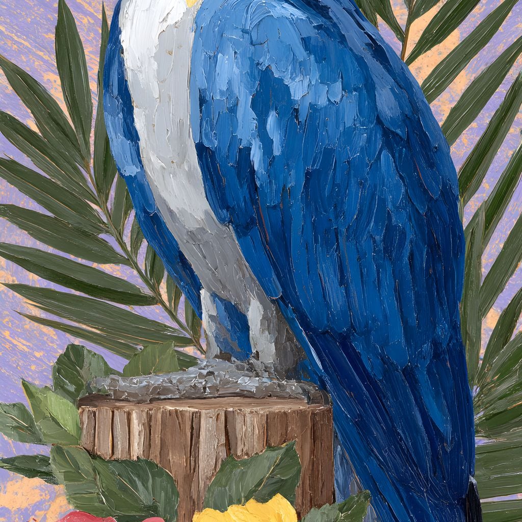 tablou canvas cu un papagal exotic cu penaj multicolor, inconjurat de frunzis tropical si flori galbene si rosii