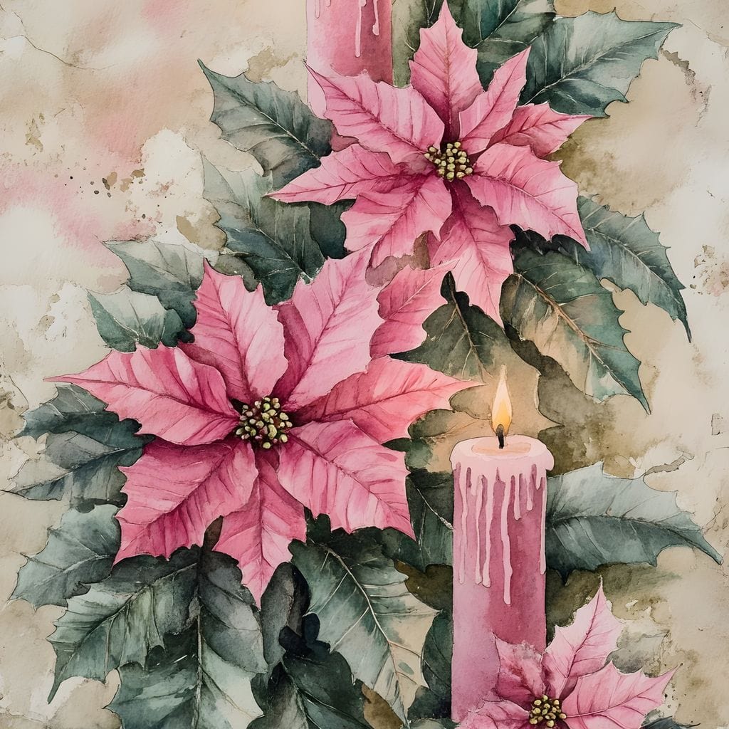 Tablou Canvas Premium, LuxCanva® D1076, Floarea Craciunului Roz, Poinsettia, Lumanari, Aprins, Craciun, Flori, Festiv, Roz, Verde, Magie, Caldura, Petale, Décor, Lumina, Camera Copil, Living, Dormitor