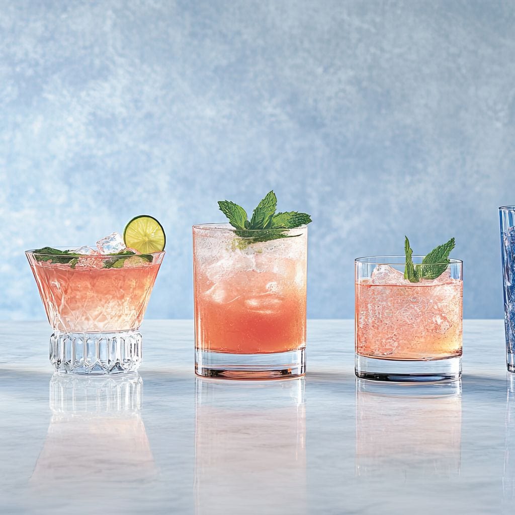 tablou canvas cu cinci pahare de cocktail diferite, pe o suprafata din marmura, pe fundal deschis