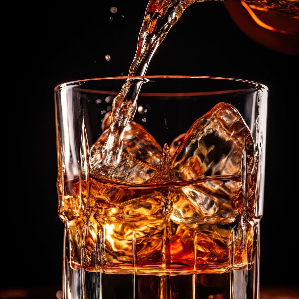 tablou canvas cu o sticla turnand un pahar de whiskey cu gheata, pe fundal intunecat