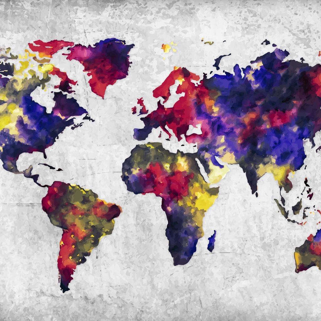 tablou canvas cu harta lumii in paleta de culori stil acuarela