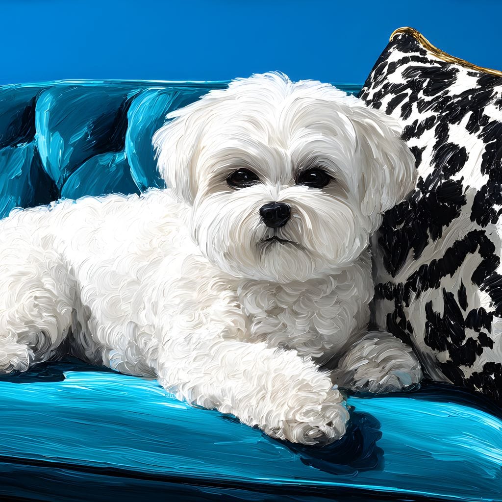 tablou canvas cu un bichon alb si pufos, stand relaxat pe o canapea albastra de catifea, alaturi de o perna cu imprimeu abstract