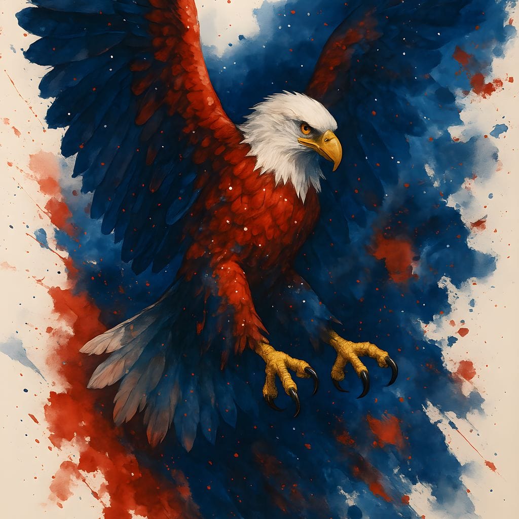 tablou canvas cu un vultur in culori patriotice de rosu, albastru si alb cu aripile desfacute pe fundal cu pete de culoare stil acuarela