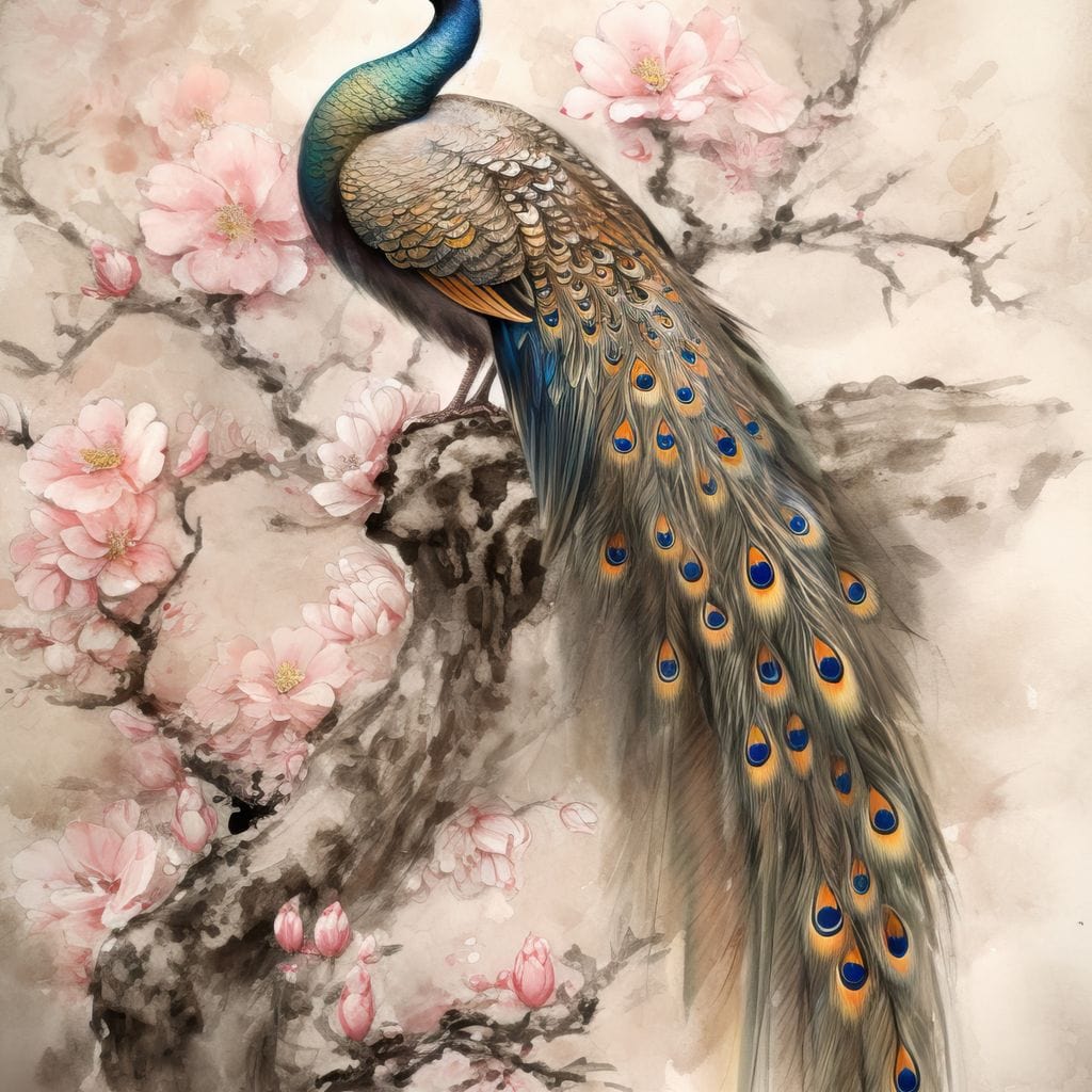 tablou canvas cu un paun elegant pe o ramura de copac inflorit, in tonuri de roz si maro