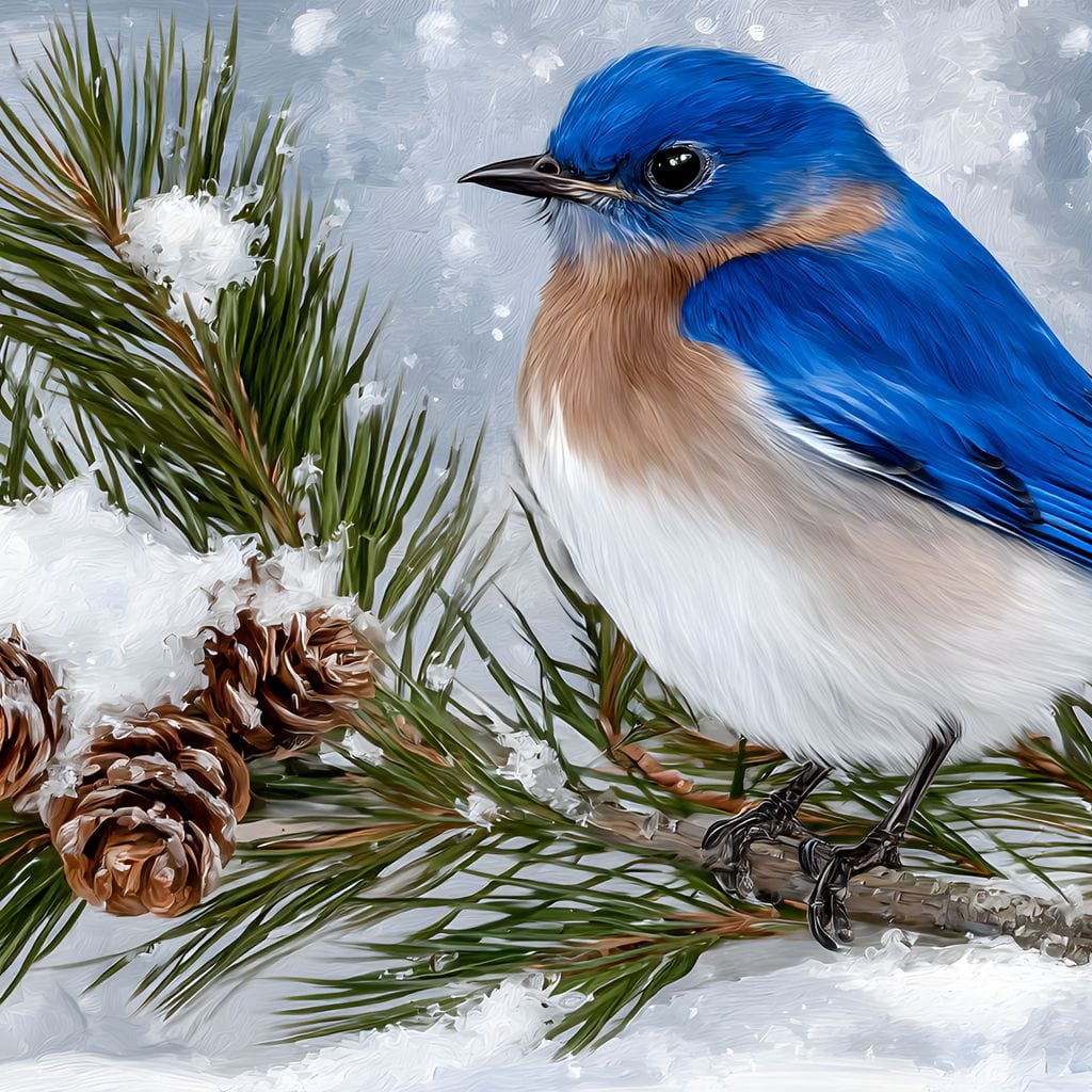 tablou canvas cu o pasare albastra pe o crenguta de brad acoperita cu zapada, pe fundal de peisaj de iarna