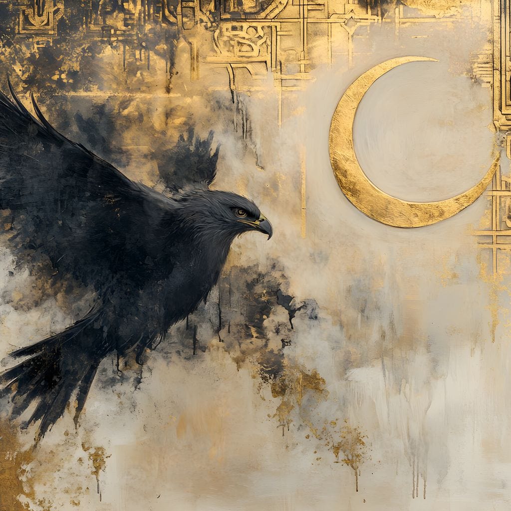 tablou canvas cu un vultur negru in zbor prin ceata, langa o Semiluna, pe fundal abstract auriu