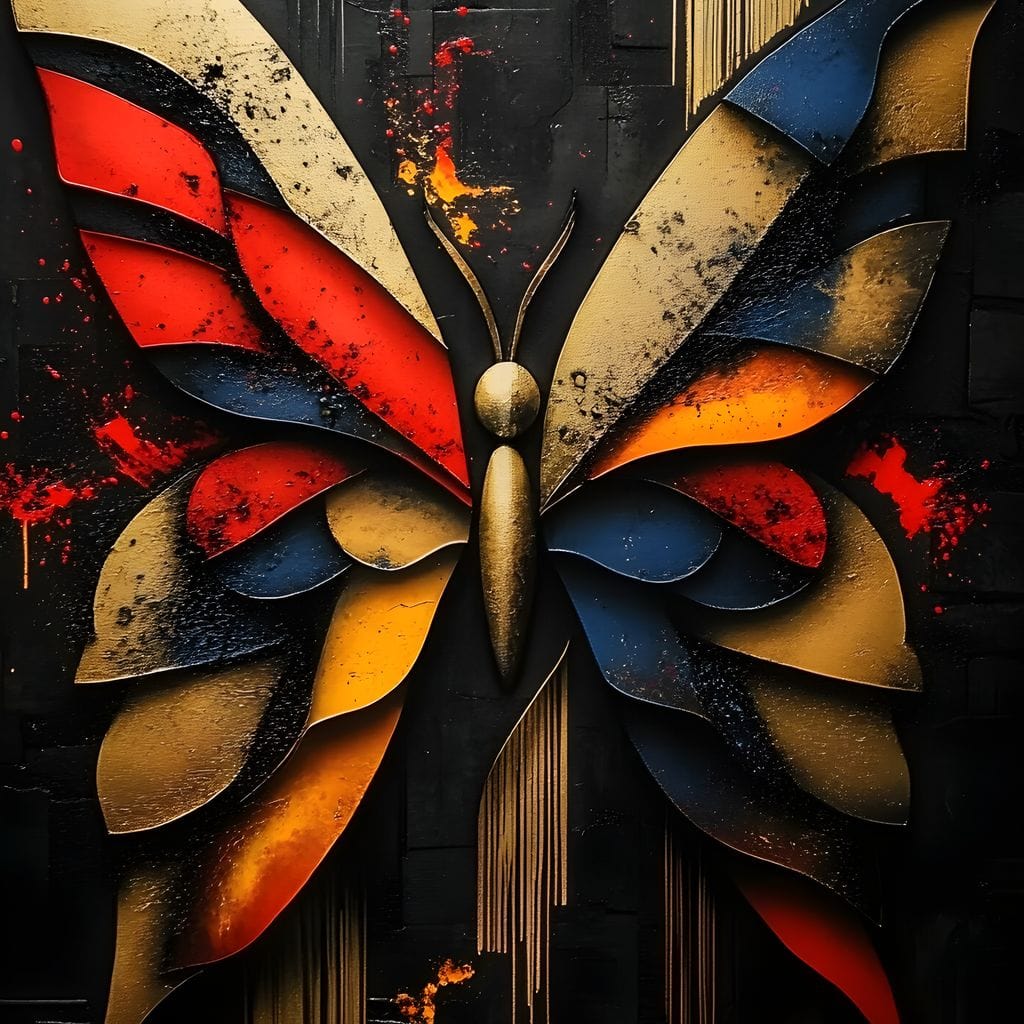 tablou canvas cu un fluture compus din forme si texturi metalice in nuante de rosu, auriu si albastru, pe fundal abstract intunecat