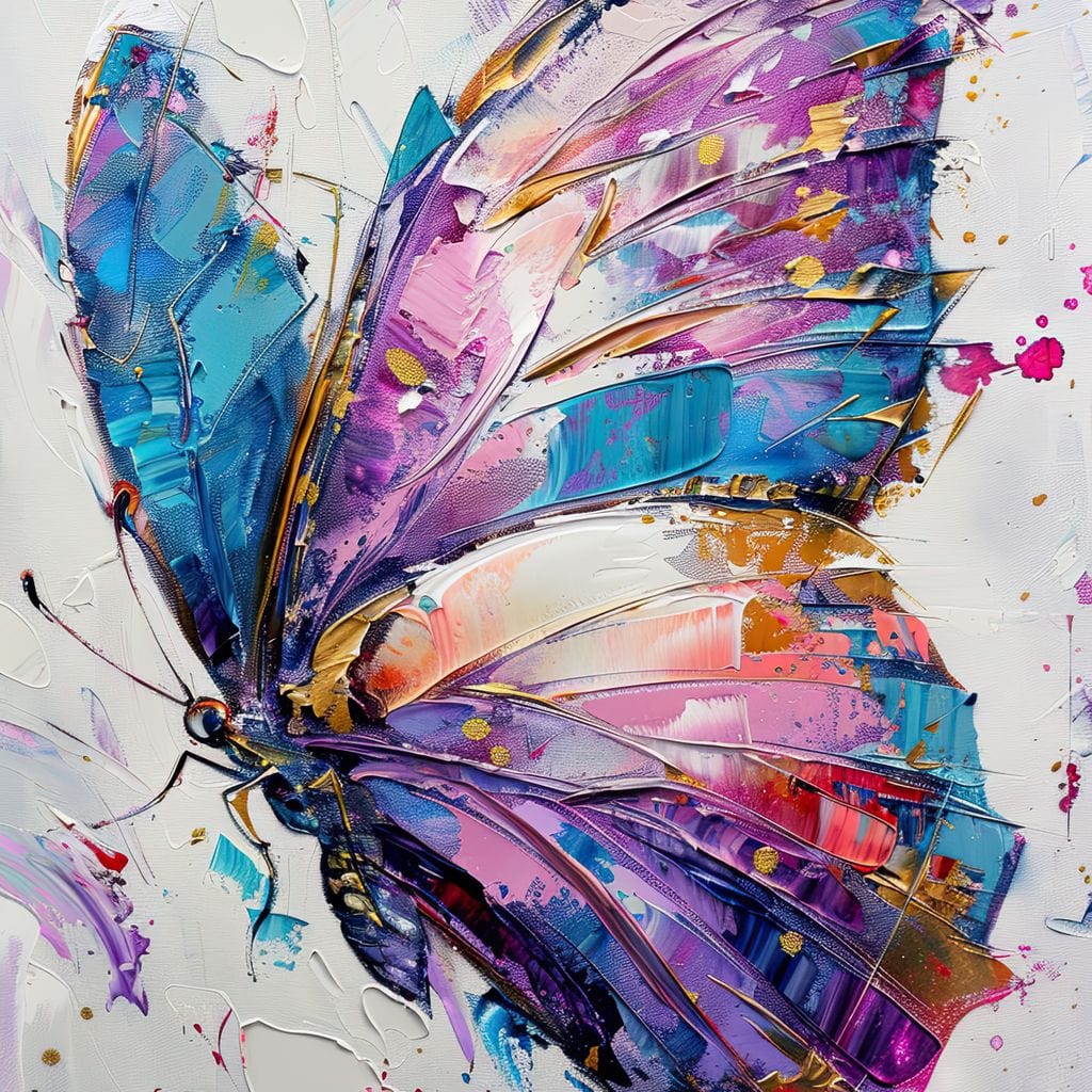 tablou canvas cu un fluture cu aripile in nuante de mov, albastru si roz, pe fundal abstract deschis stil pictura