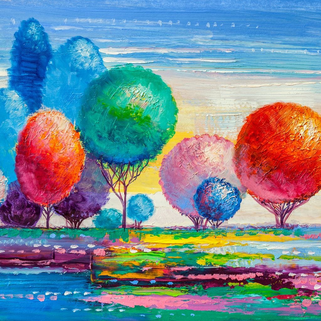 Tablou Canvas Premium, LuxCanva® K1018, Peisaj de Basm, Curcubeu, Padure, Copaci, Rotunzi, Balon, Natura, Explozie, Culoare, Taram, Simfonie, Imaginar, Ludic, Camera Copii