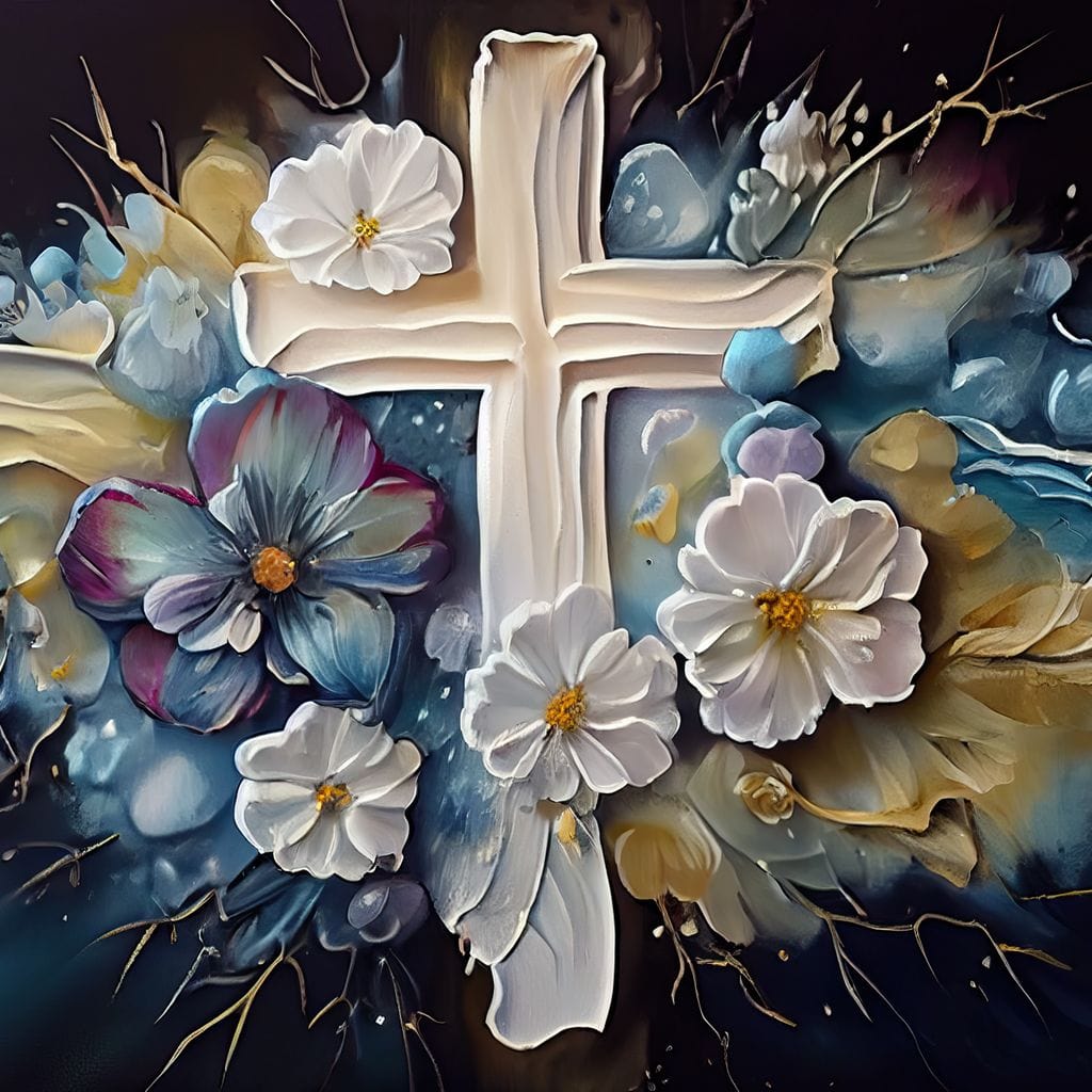 Tablou Canvas Premium LuxCanva® H1027 Credinta Prin Cruce Florala ,  Multicolor, Cruce, Flori, Divin, Liniste, Creatie, Credinta, Naturalete, Living