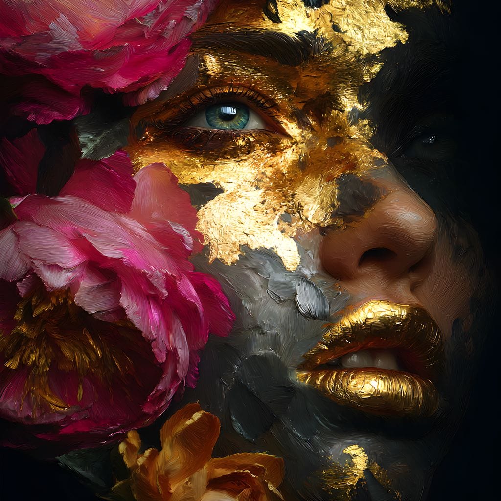 Tablou Canvas Premium, LuxCanva® G1221, Persefona de Aur, Auriu, Fucsia, Flori, Divinitate, Aurora, Zeita, Transformare, Putere, Feminina, Mister, Exotic, Enigma, Pasiune, Salon, Birou, Living, Dormitor