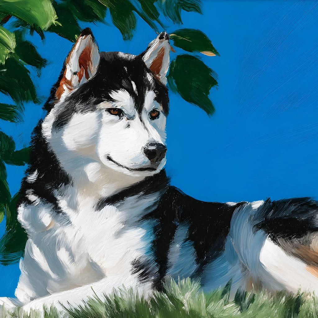 tablou canvas cu un caine husky sub o planta cu frunze mari si verzi, pe fundal cu cer senin