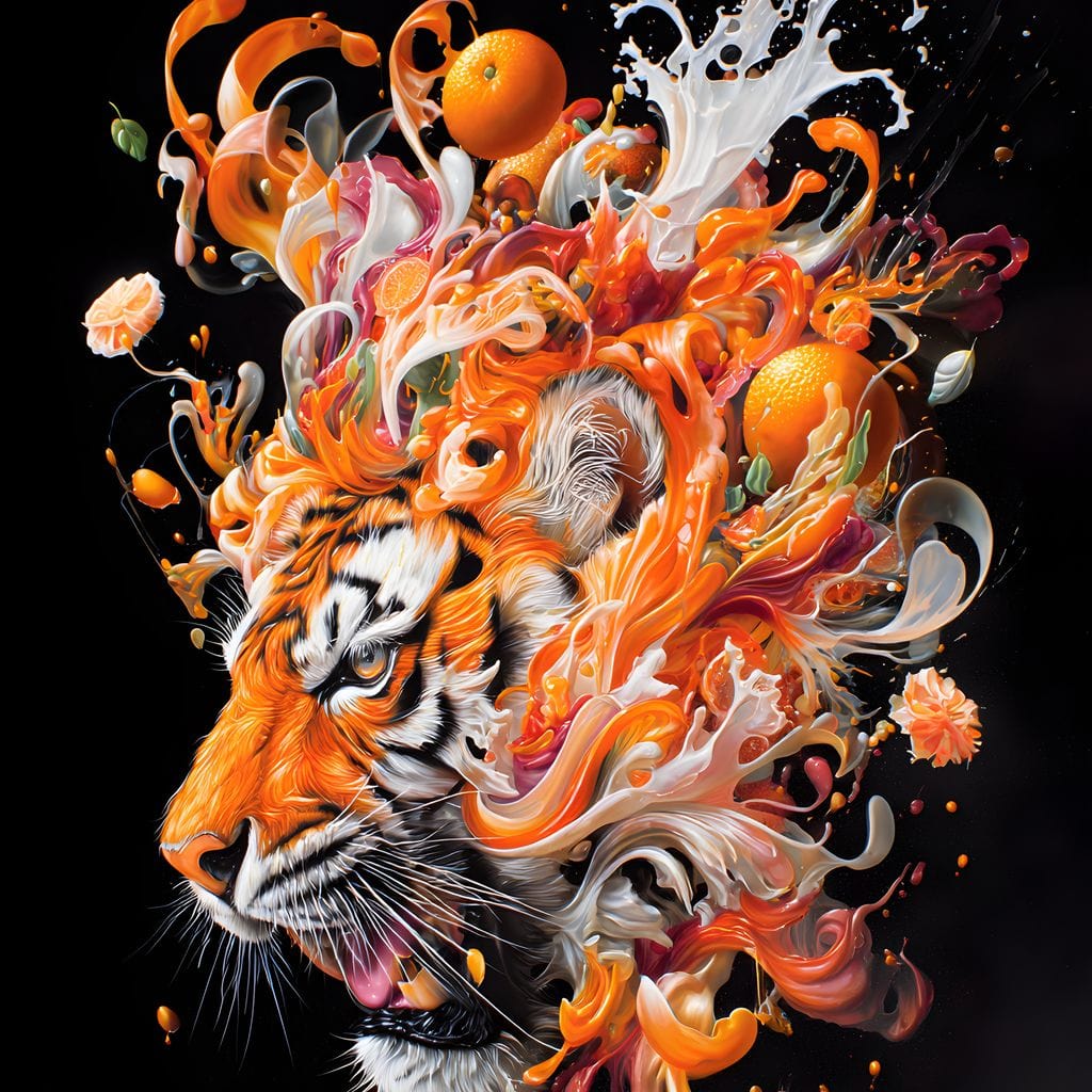 tablou canvas cu un cap de tigru, format din flori si portocale, intr-o combinatie artistica cu pete de culoare, pe fundal negru