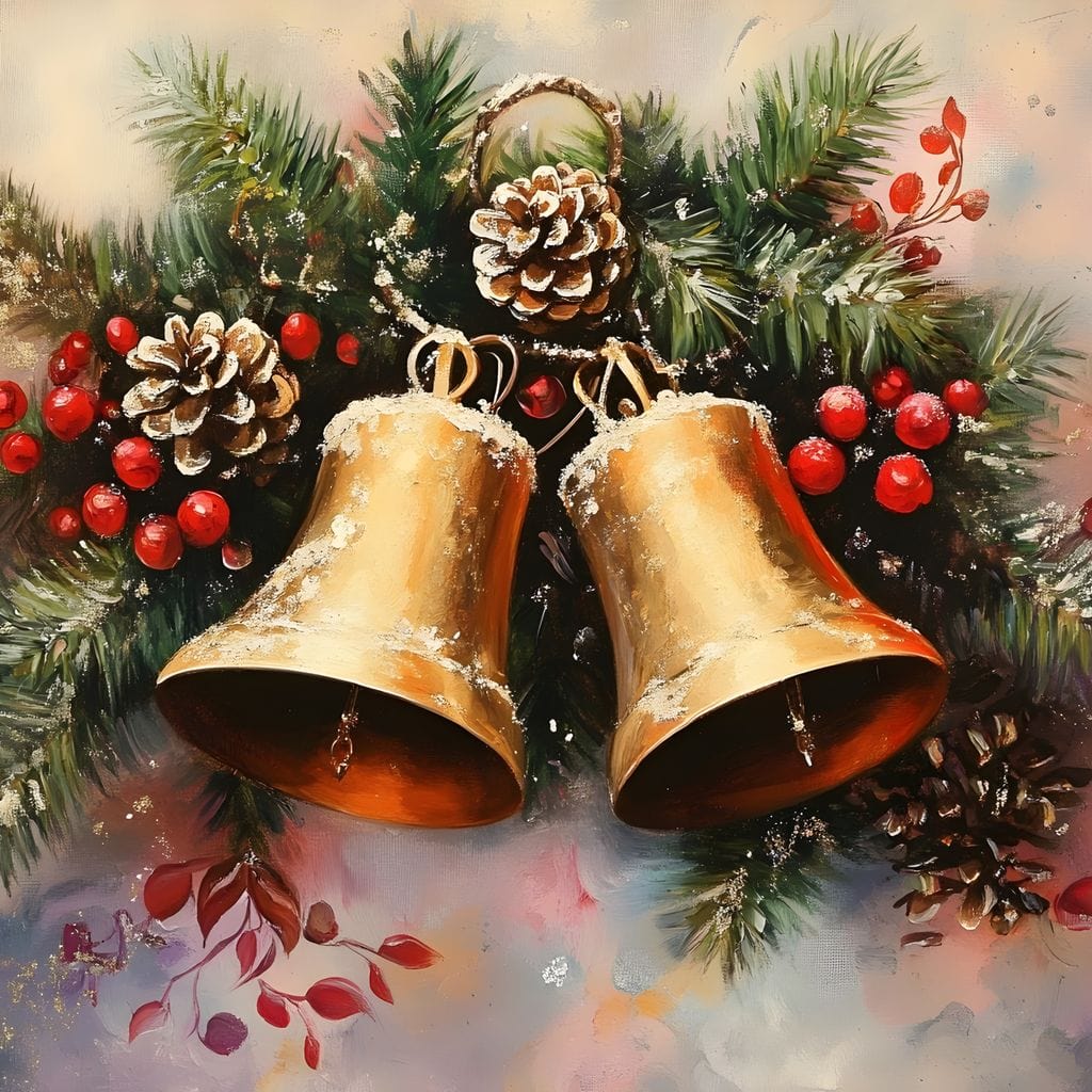 Tablou Canvas Premium, LuxCanva® D1089, Colindul Clopotelor, Aur, Christmas, Stralucire, Ecou, Festiv, Magie, Sunet, Spirit, Zvon, Brad, Simfonie, Pin, Conuri, Iarna, Rosu, Camera Copil, Living, Dormitor
