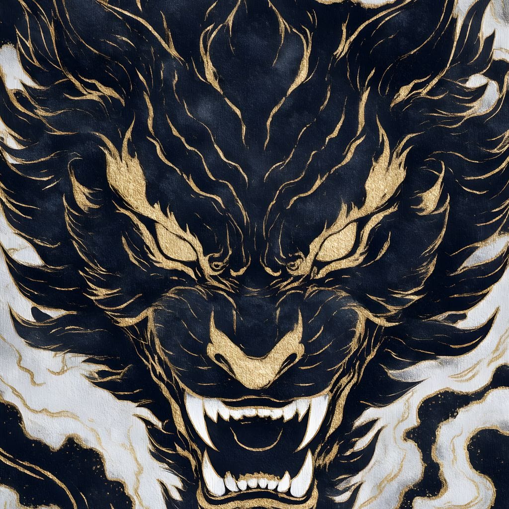 tablou canvas cu un cap de tigru desenat in stil oriental, in nuante de auriu si albastru inchis, pe fundal deschis stil marmura