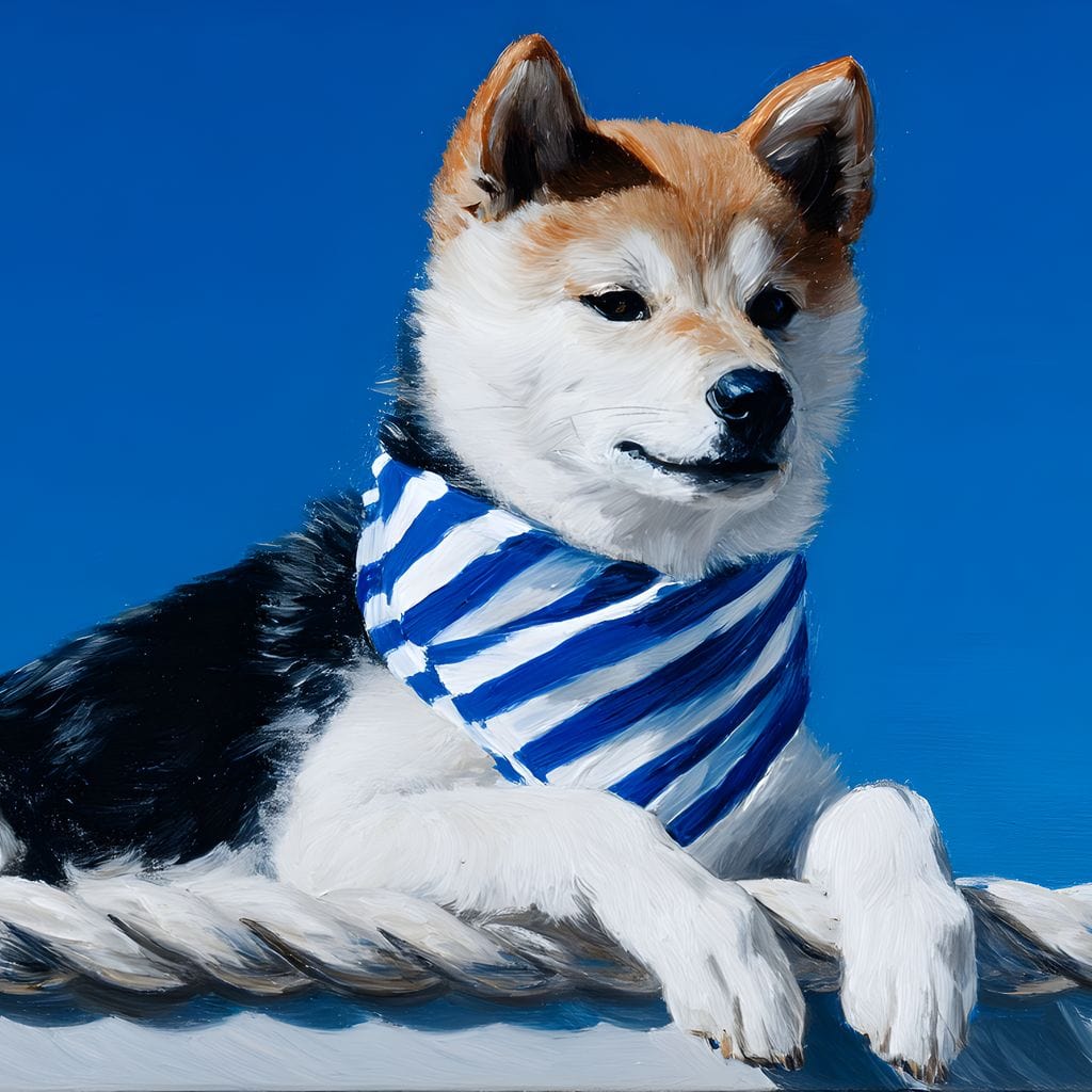 tablou canvas cu un caine shiba inu, purtand o esarfa marinareasca, sprijinit pe o franghie groasa pe fundal albastru