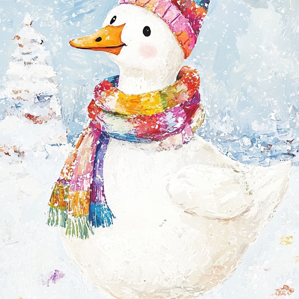 Tablou Canvas Premium LuxCanva® D1048, Rata Vesela in Straie de Iarna , Rata, Iarna, Fular, Zambet, Caciula, Living Room, Culori vibrante