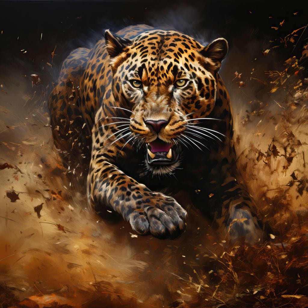 tablou canvas cu un leopard intr-un vartej de praf si frunze, surprins in moment de vanatoare