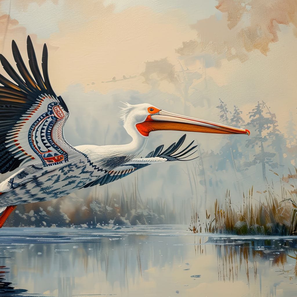 tablou canvas cu un pelican in zbor deasupra unui lac intr-un peisaj natural