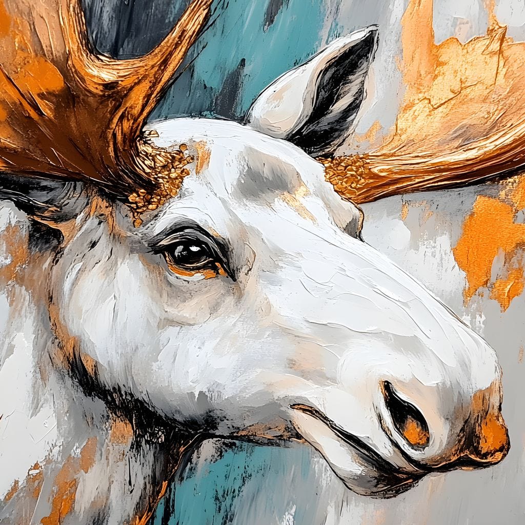 tablou canvas cu portretul unui elan alb, surprins din profil, pictat expresiv pe fundal texturat in tonurii aurii si tuse de turcoaz si negru