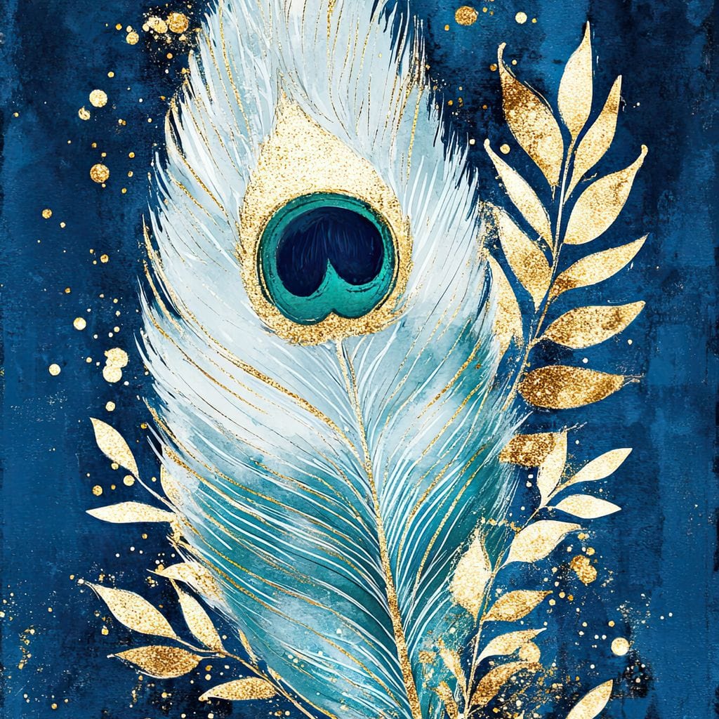 tablou canvas cu o pana de paun pictata cu accente aurii, pe fundal albastru inchis