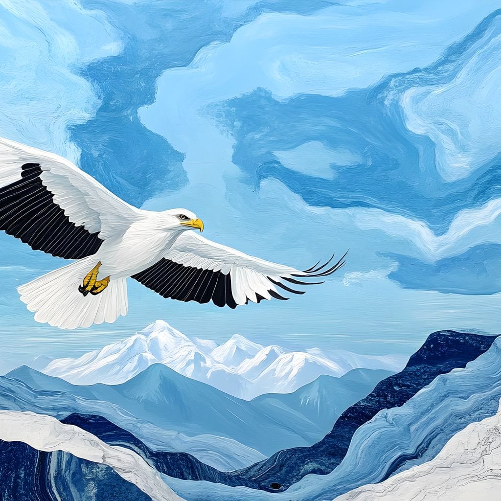 tablou canvas cu un vultur alb zburand deasupra muntilor albastri, pe fundal redat in texturi picturale ondulate