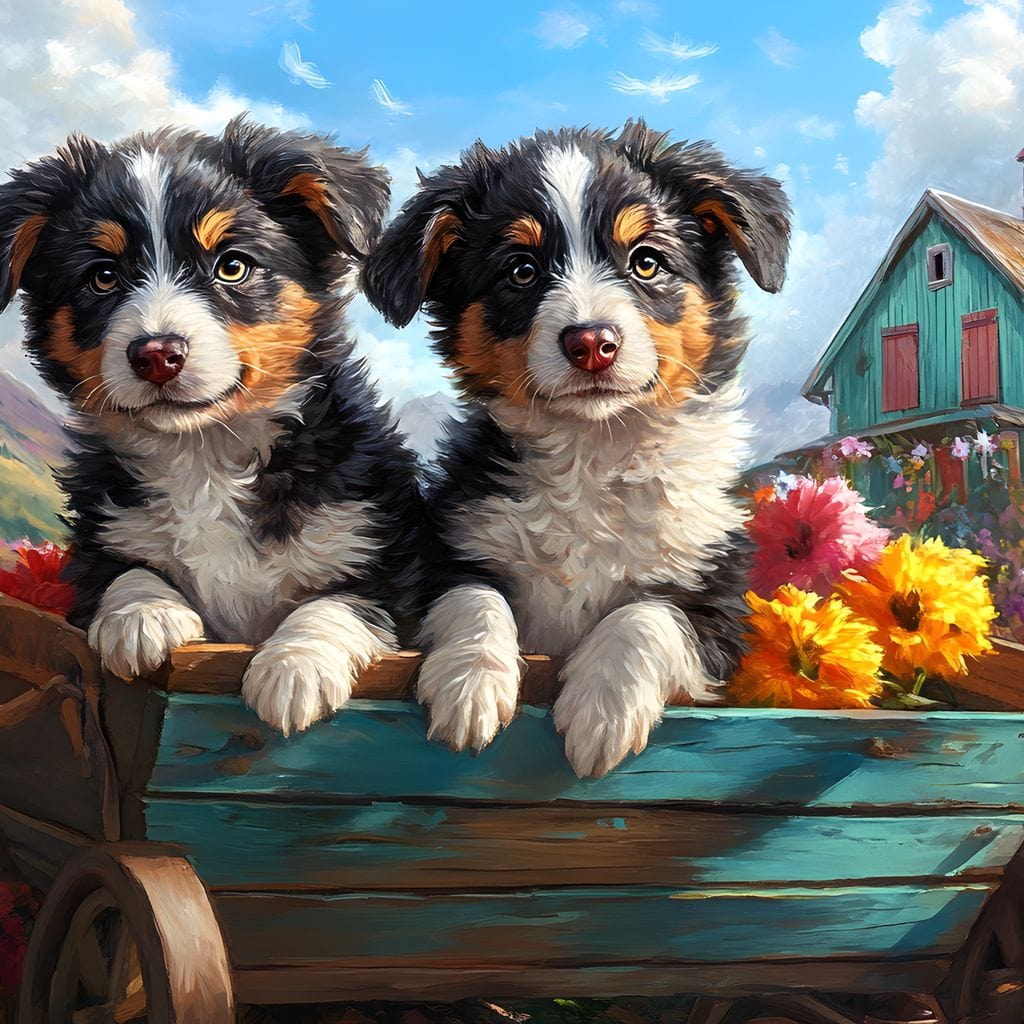 tablou canvas cu doi catelusi intr-o roaba verde, in mijlocul unui peisaj rustic plin de flori colorate si o casa de poveste