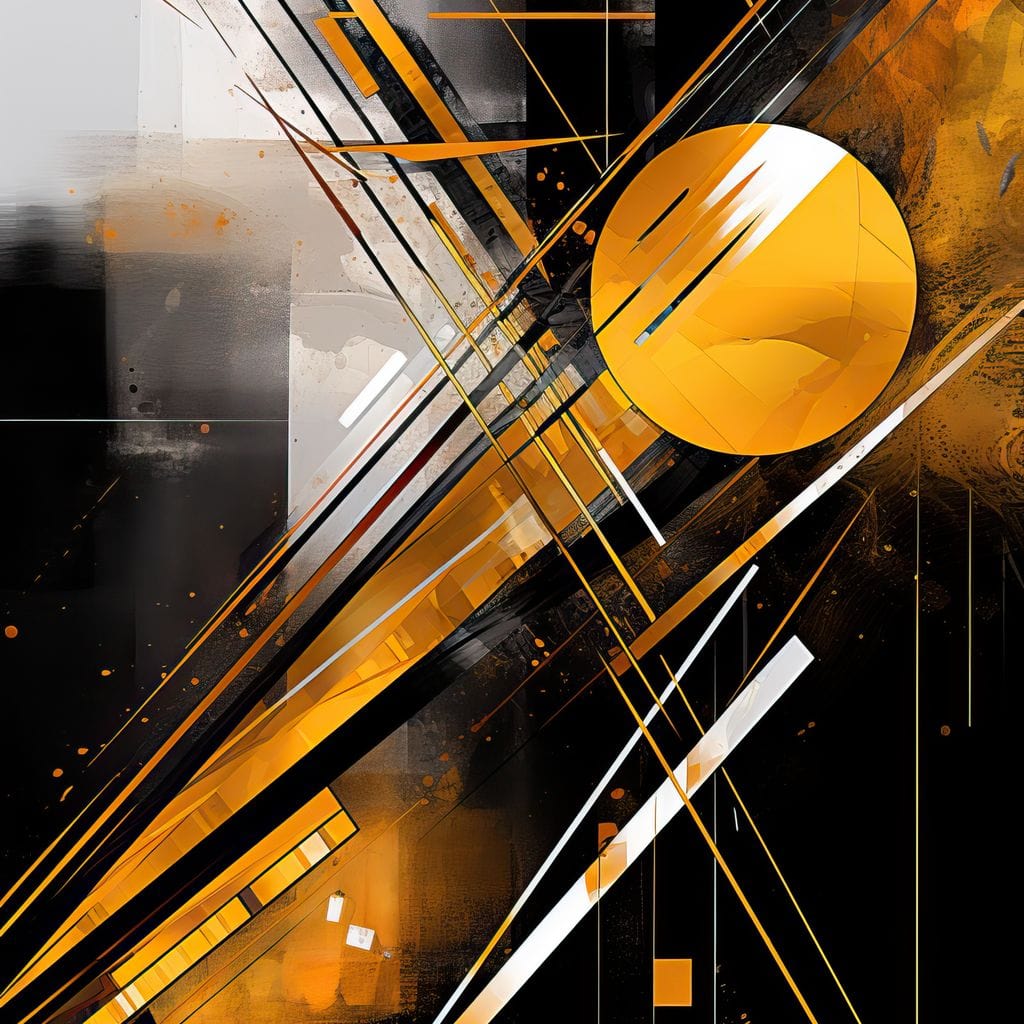 Tablou Canvas Premium, LuxCanva® J1026, Impactul Viitorului, Futurism, Putere, Stralucire, Inovatie, Miscare, Galben, Negru, Furtuna, Traiectorii, Living, Dormitor