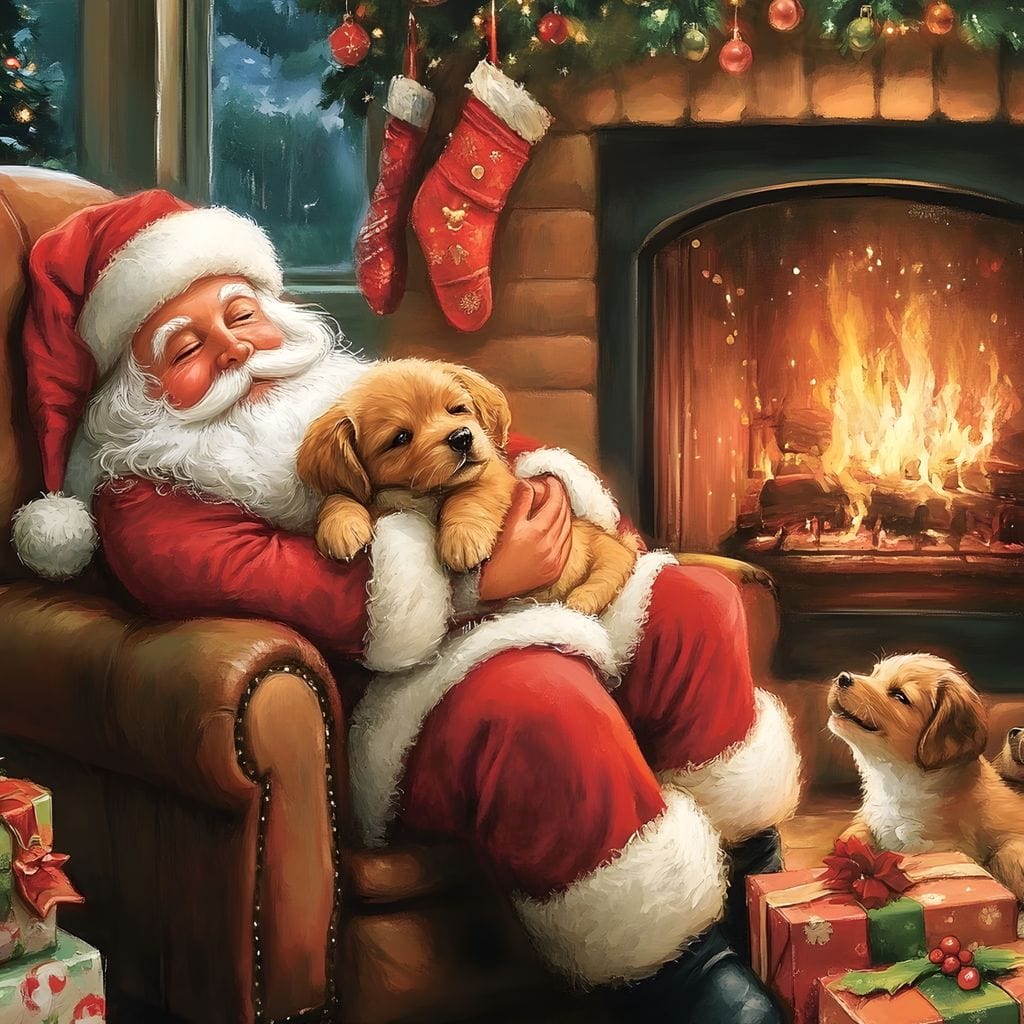 Tablou Canvas Premium, LuxCanva® D1108, Craciunul Perfect, Iarna, Craciun, Catelusi, Blanos, Brad, Mos Craciun, Foc, Semineu, Caldura, Fotoliu, Asteptare, Vis, Bucurie, Living, Dormitor