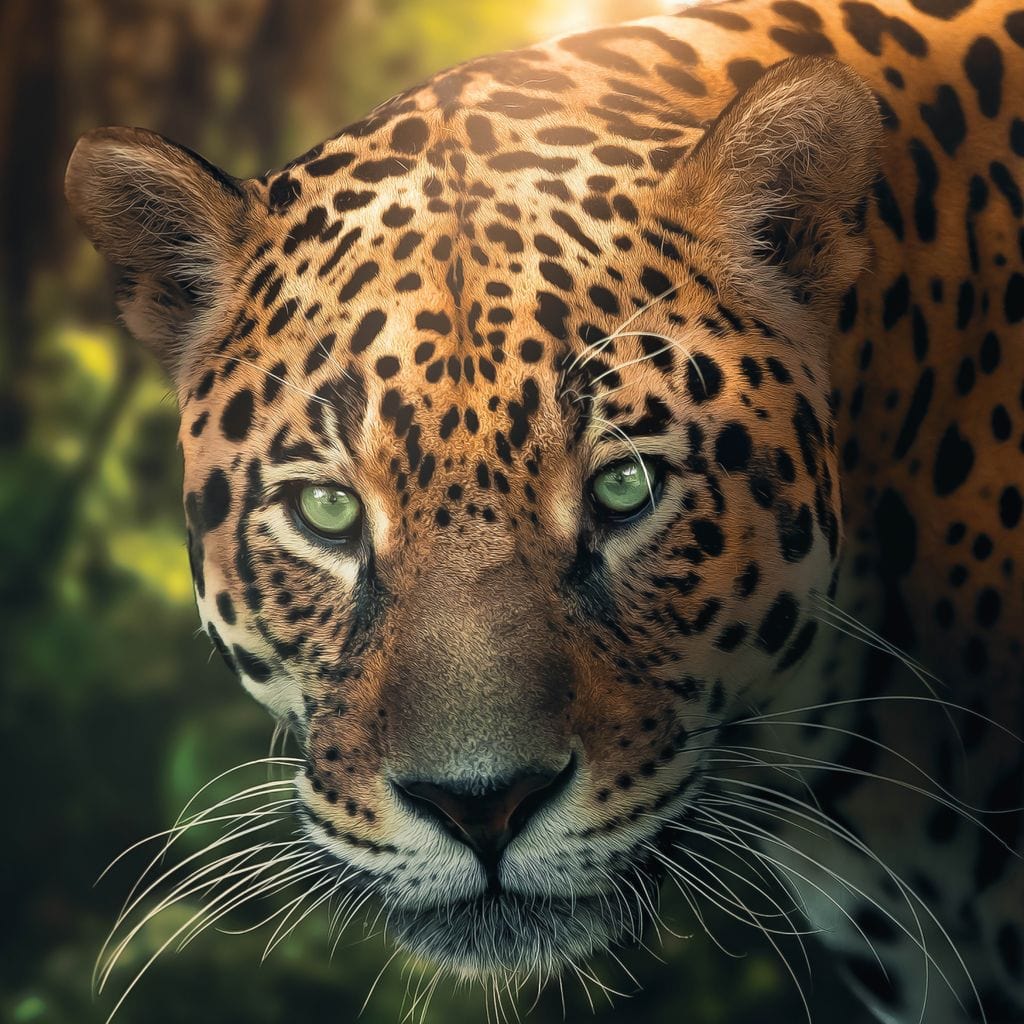 tablou canvas cu un portret realist de leopard in umbra, pe fundal luminos cu vegetatie de jungla