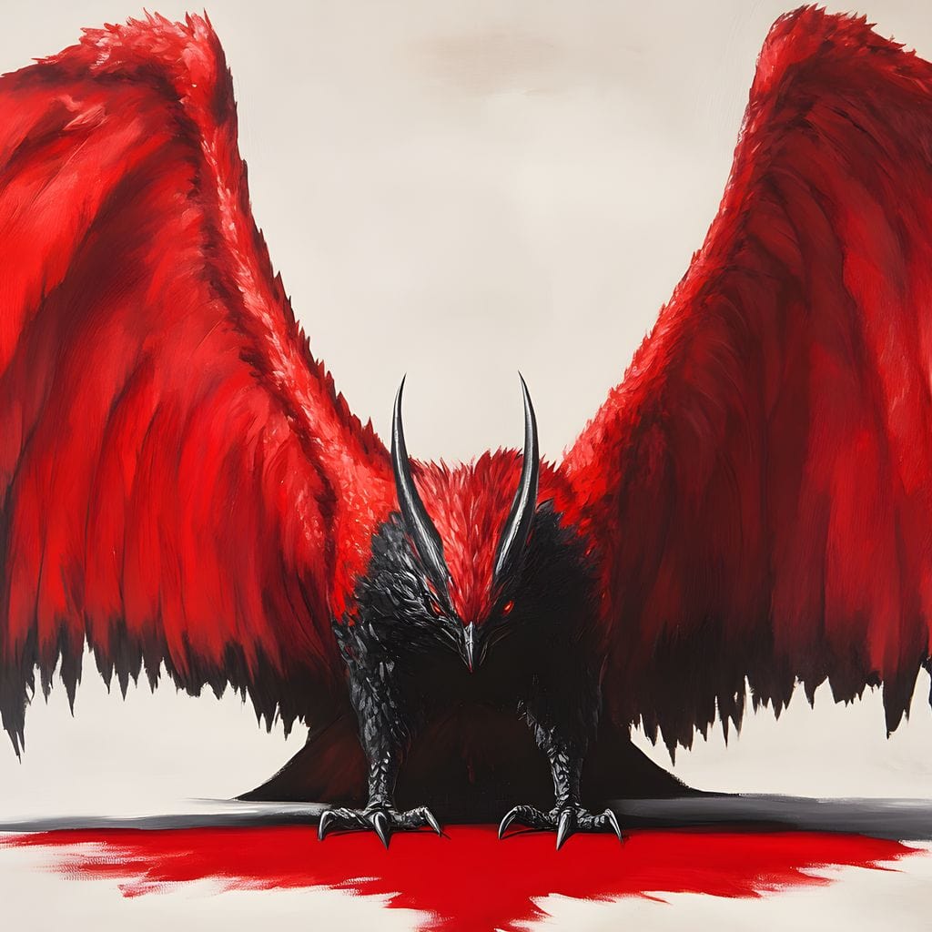 tablou canvas cu o pasare mitologica neagra cu aripi rosii, pe fundal alb