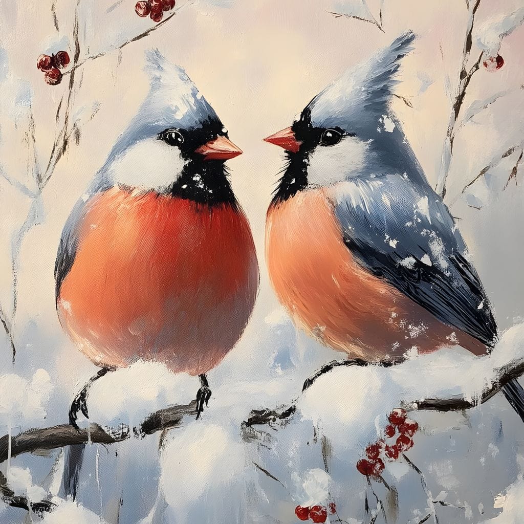 Tablou Canvas Premium, LuxCanva® D1109, Iubire Printre Fulgi, Cantec, Pereche, Iarna, Natura, Padure, Copac, Ramura, Cardinali, Cuplu, Iubire, Armonie, Pace, Zapada, Living, Dormitor