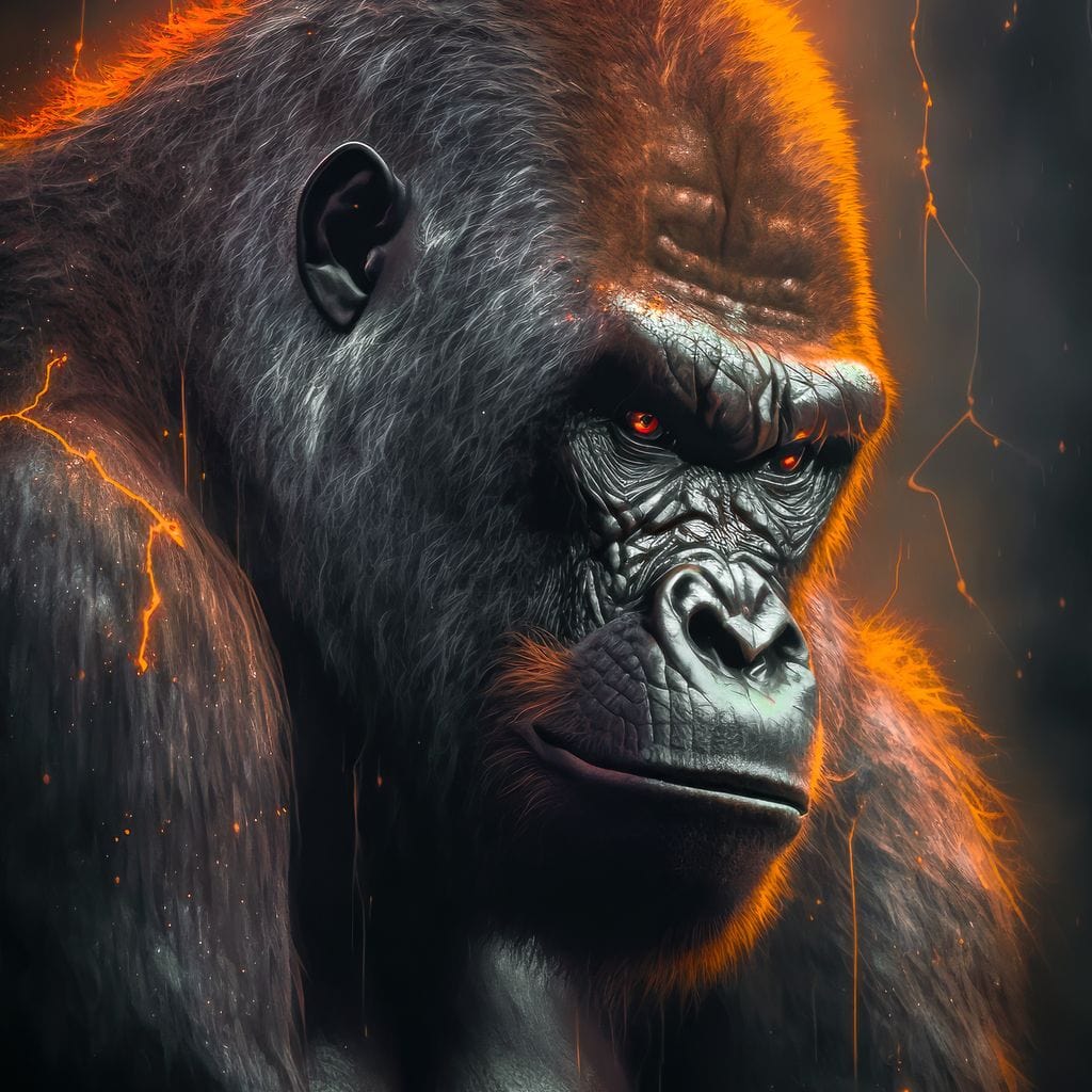 tablou canvas cu o gorila impunatoare, conturata dramatic in nuante de portocaliu electric, pe fundal intunecat