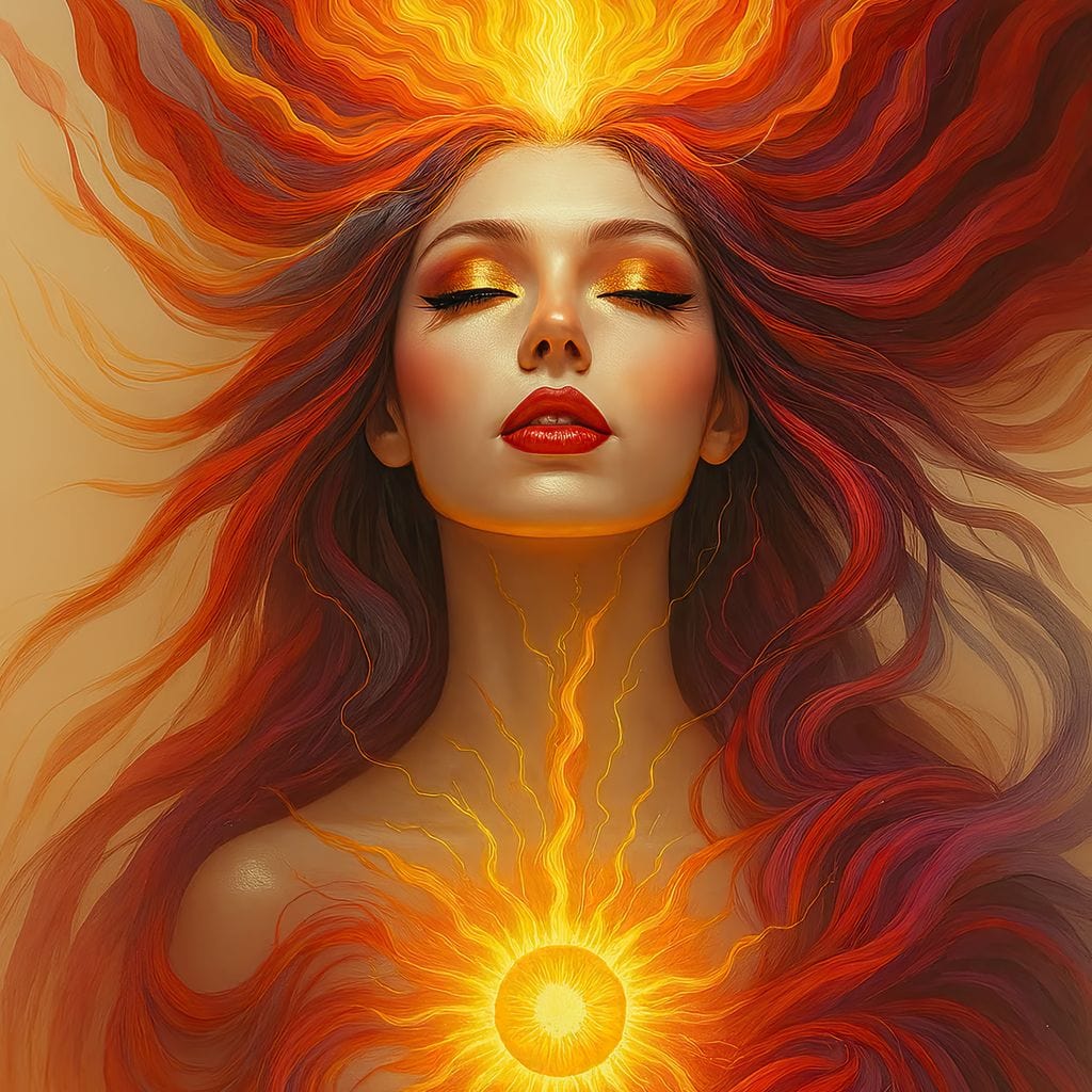 Tablou Canvas Premium, LuxCanva® G1158, Zeita Focului, Flacari, Soare, Chakre, Rosu, Auriu, Energie, Solara, Raze, Puritate, Simbolism, Mistic, Aura, Meditatie, Zen, Birou, Living, Dormitor